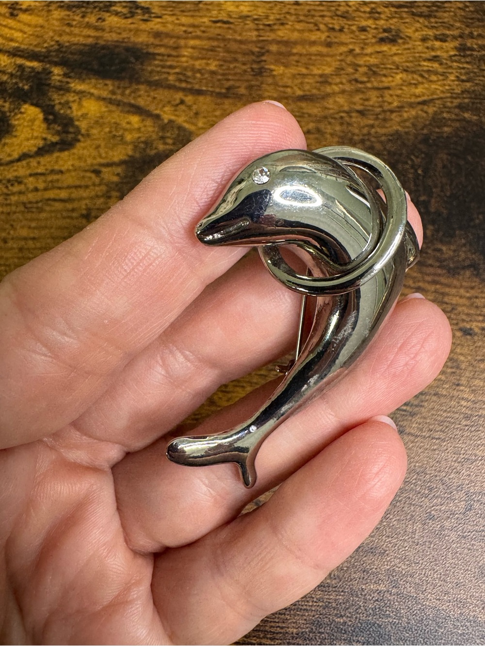 Vintage Silver Dolphin Brooch with Clear Rhinestone Eye